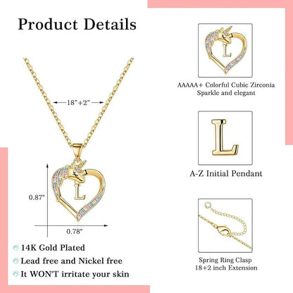 Hidepoo Unicorn Necklace Gifts for Girls - 14K-Gold-Plated Colorful CZ Heart Necklace Girls Jewelry Initial Unicorn Necklaces for Girl Birthday Gifts