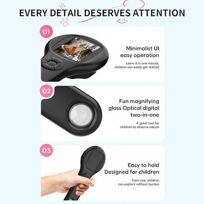 Magnifying Glass - Mini LED Pocket Microscope for Kids(5-10 Years) - Educational Science Kit Durable Design - Ideal Gift for Girls (Black)