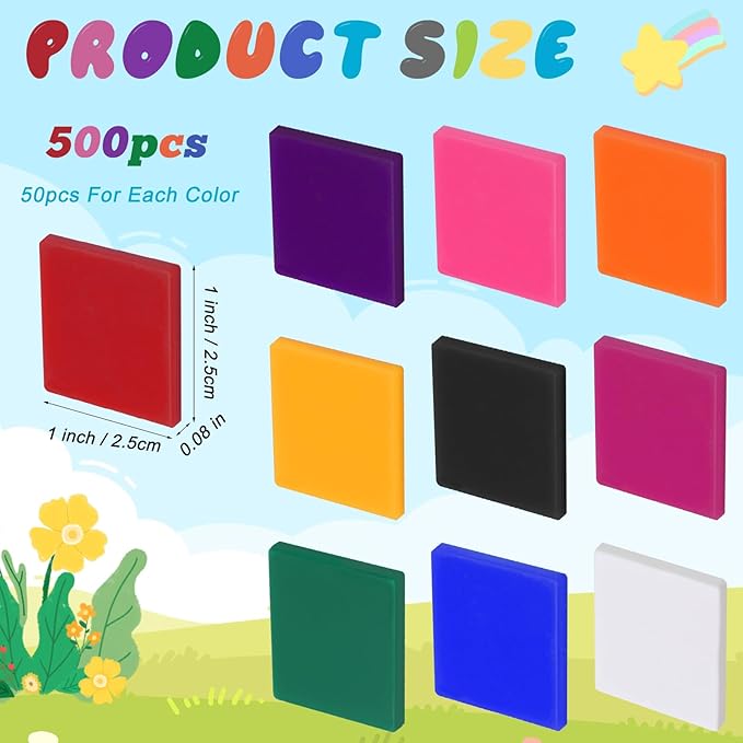 Coopay 500 Pcs Plastic Square Color Tiles, Bingo Chips, Poker Chips, Color Sorting, Math Counters, Game Tokens, Counting Manipulatives for Kids Elementary School Classroom Learning Development Toys
