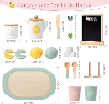 Lemonade Stand for Kids Tea Set Pretend Play Toys Tea Party Set Lemonade Stand Supplies No Assembly Required Non-Toxic Wooden Toys Tea Sets for Toddlers 3-5 Birthday Gift