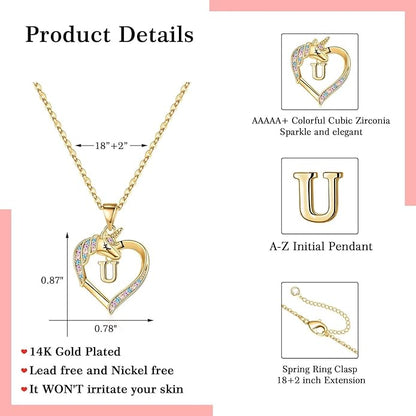 Hidepoo Unicorn Necklace Gifts for Girls - 14K-Gold-Plated Colorful CZ Heart Necklace Girls Jewelry Initial Unicorn Necklaces for Girl Birthday Gifts