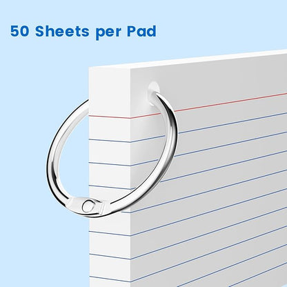 250 Count White Index Cards 3x5 Inch with Key Ring, 180gsm Heavyweight Flash Card (50 Sheets Each), Durable & Portable Note Taking for Students, Teachers, Study Note Cards for Office Home School