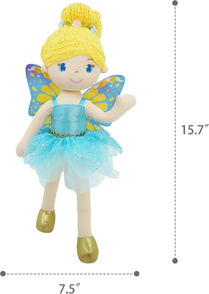 June Garden 16" Enchanted Garden Fairy Doll Fayetta - Plush Stuffed Soft Doll Girl Gift - Blue Outfit and Wings