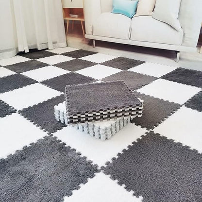 16pcs 0.6" Thickened Interlocking Tile Mats,Fluffy Shaggy Soft EVA Foam Area Rug for Living Room & Bedroom,Non-Slip Protective Floor Carpet Play Mat Kids Baby Dorm Home Decor (11.8ft, Grey)