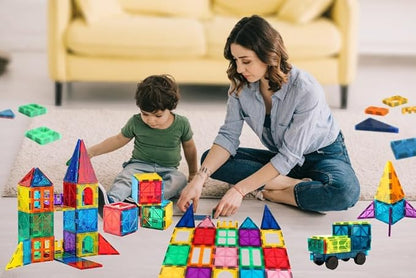 Ziggzo Magnetic Tiles for Kids Ages 4-8 | 100 Magnet Tiles with Storage Bag and 2 Cars | STEM Building Blocks for Creative Learning