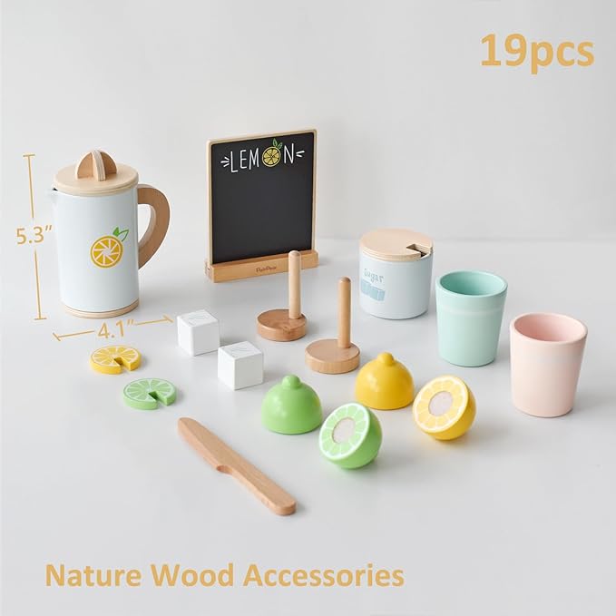 PairPear Wooden Lemonade Stand Play Set, Kids Play Food Pretend Play Lemonade Stand Play Set, Montessori Pretend Kitchen & Market Toy for Toddlers Ages 3+