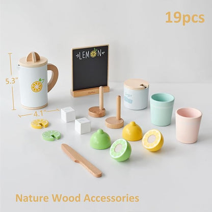 PairPear Wooden Lemonade Stand Play Set, Kids Play Food Pretend Play Lemonade Stand Play Set, Montessori Pretend Kitchen & Market Toy for Toddlers Ages 3+