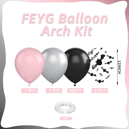 Pink and Black Balloons,12inch Pink Black Silver Halloween Balloons Bat Printed Party Balloons Pastel Pink Black Decoration for Boy Girls Halloween Themed Party Birthdays Holiday Party