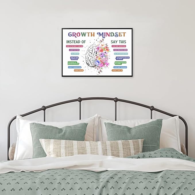 CEHNSENHUI Classroom Growth Mindset Affirmations for Kids Mental Health Posters Brain Poster Psychology Special Education Calm Corner Wall Art Office Therapy Canvas Wall Decor 16x24in BlackFramed
