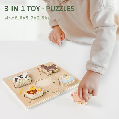 PairPear 3-in-1 Montessori Wooden Toy Set, Shape Sorter Cube, Stacking Tree & Farm Animal Puzzle, Natural Learning Toys for Toddlers 12M+