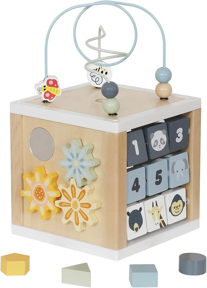 Wooden Activity Cube, 6-in-1 Montessori Toys for 1+ Year Old Boys & Girls, Educational Learning Toys for 1 2 3 Year Old Baby|Bead Maze|Shape Sorter|Mirror|Gear