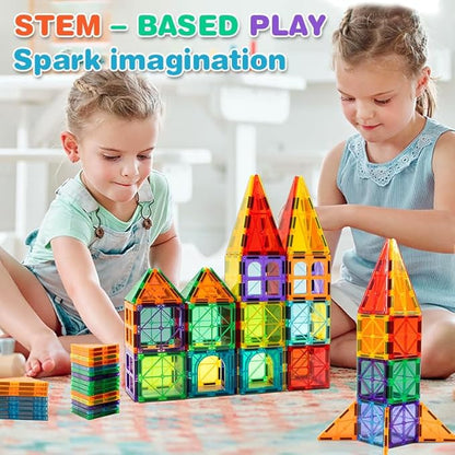 Magnetic Tiles, 135PCS Magnetic Building Blocks with 2 Cars, Large Magnet Building Set,STEM Sensory Educational Toys Gift for Toddlers Kids Boys Girls.