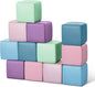 Foam Building Blocks for Toddlers：12-Pieces Wipeable Leather Stacking Cubes Kids - Large Soft Toys Play Set for Learning Construction Baby Preschool Daycare Therapy Birthday Gift (Purple Pink)