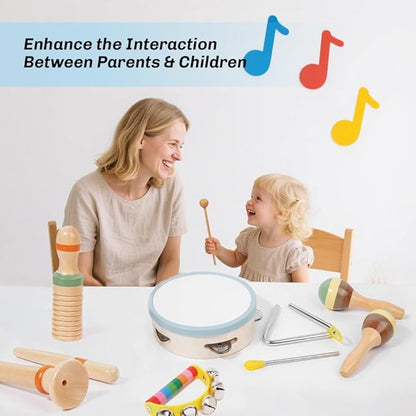 Toddler Musical Instruments Set - Neutral Colors Wooden Montessori Toys Percussion Instruments Musical Toys with Modern Boho Xylophone Tambourine for Kids Preschool Educational 3+ Birthday Gifts