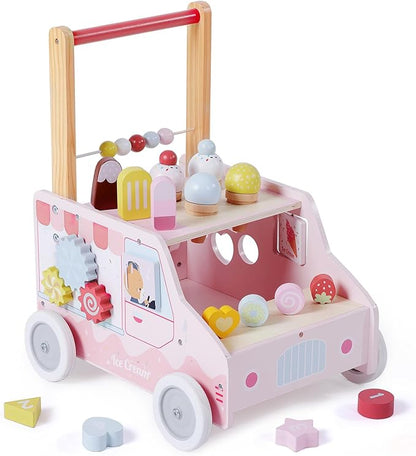 labebe Wooden Baby Walker, Push Activity Walker for Kids 12M+, Multifunctional Ice Cream Cart Activity, Adjustable Speed Learning Walking with Wheels, Birthday Gift for Girls Boys Ages 1-3 (Pink)