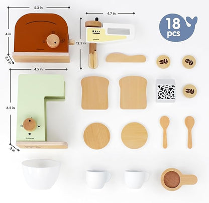 3-in-1 Wooden Café Playset Bundle – Pretend-Play Coffee Maker, Hand Mixer & Pop-Up Toaster with Accessories for Toddlers 3+