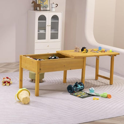 BIRASIL Wooden Kids Sensory Tables with Folding Lid, Activity Table for Children, Elevated Play Tables with Storage for Indoor Outdoor, Yellow