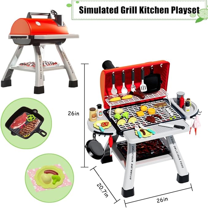Barbecue Grill Toy Set, Kids BBQ Grill Playset with Smoke Sound Light Simulation Camping Cooking Interactive Toys Christmas Birthday Gift for Toddlers Girls Boys 2-6