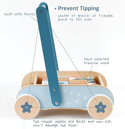 PairPear Wooden Baby Walker with Blocks & Brake – Montessori Push Cart, Adjustable Speed, Anti-Slip Wheels, Gift for 1-3 Y Boys & Girls