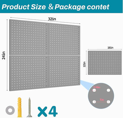 Peg Board,4 Pack Metal Pegboard Panels,PegBoard Wall Organizer,16"x12" Steel PegBoard for Walls,Tools,Garage,Office,Kitchen
