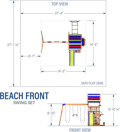 Backyard Discovery Beach Front Cedar Wood Swing Set with Wave Slide, Play Deck, Monkey Bars, Rock Wall Ladder, Shaded Picnic Area, Snack Bar, Belt Swings, Trapeze, Sandbox Area, Outdoor Playset