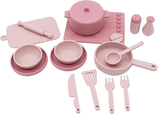 Play Kitchen Accessories, Silicone Pretend Play Kitchen Toys Set, Play Kitchen Pots and Pans Set for Kids, Learning Education Cooking Toys for Girls(Pink)