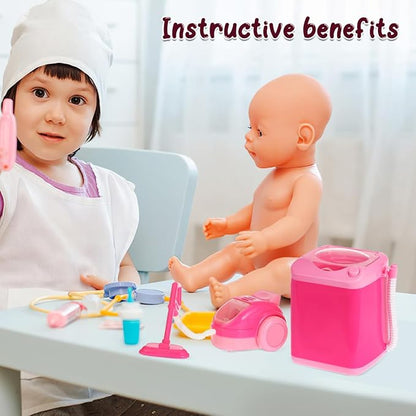 Toyvian Mini Kitchen Set with Realistic Working Toy Vacuum Cleaner and Washing Machine Kids Cleaning Toys for Pretend Play Ages 3-6