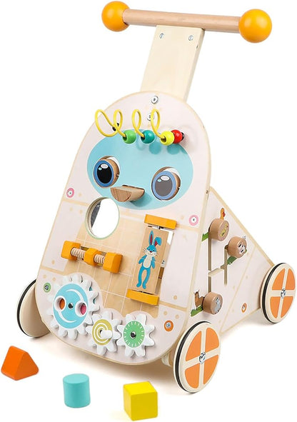 Wooden Push Walker, Adjustable Speed Baby Push Walker Activity Center Toys, Wooden Baby Walker Push and Pull Learning Activity Walker, Learning & Walking Toy for Boys Girls