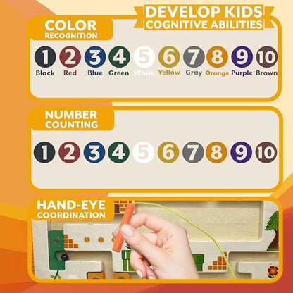 JDS Mushroom House Color and Number Maze - Magnetic Wooden Puzzle Toy for Counting, and Color Recognition - Early Education Children's Fine Motor Learning Activities