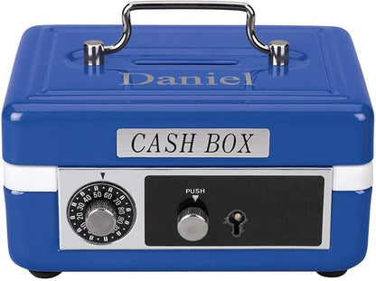 Custom Children’s Cash Box, Metal Piggy Bank Lockbox with Coin Slot, Blue