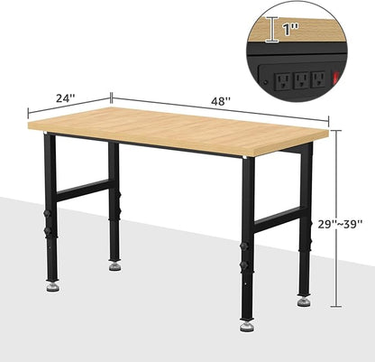 48" Adjustable Workbench,Heavy-Duty Work Table,3000 LBS Load Capacity Particleboard Hardwood Workstation Outlets with Fixed feet,for Workshop, Garage