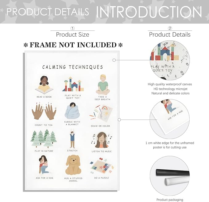 Feelings Calming Techniques Canvas Wall Art Calming Corner Classroom Mental health Posters Boho Emotions Chart for Kids Prints Special Education Wall Decor for Office School 12x16in Unframed