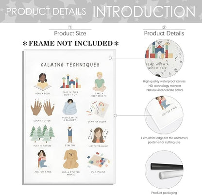 Feelings Calming Techniques Canvas Wall Art Calming Corner Classroom Mental health Posters Boho Emotions Chart for Kids Prints Special Education Wall Decor for Office School 16x24in Unframed
