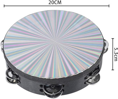 Tambourine 8 inch Radiant Hand Held Drum with Double Row Jingles Reflective Drum Musical Instrument for Church Adults KTV Party