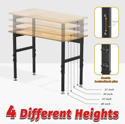 48" Adjustable Workbench for Garage, Heavy-Duty Work Bench, 2000 LBS Worktable with Power Outlets, Portable Chipboard Work Station for Repair Shop, Workshop, Office