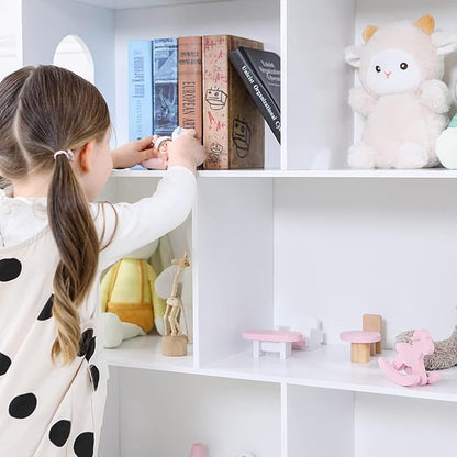 Wooden Dollhouse Bookshelf 4-Tier Children's Bookcase Display Storage Doll House Organizer Furniture for Kids Bedroom Playroom Nursery Kindergarten Gift for Boys Girls Ages 3-8 Years Old