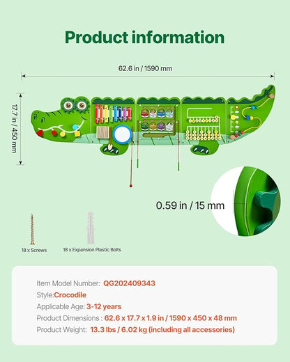 VEVOR Crocodile Activity Busy Board Panel, 9 Wall Activities Board, Montessori Sensory Wall Panel for Kids 3-12 Years, Sensory Wall Activity Panel, Ideal for Toddler Playroom Nursery Classroom