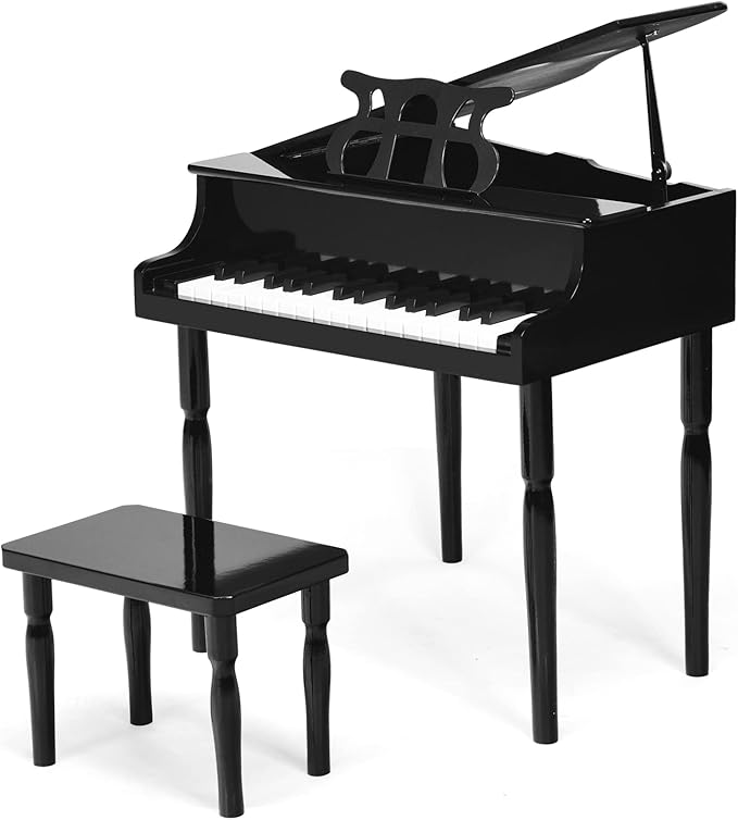 Goplus 30-Key Classical Kids Piano, Mini Grand Piano Wooden Learn-to-Play Musical Instrument Toy with Bench, Piano Lid, Music Rack, Gift for Boys Girls Aged 2+ Baby Toddler (4 Straight Leg-Black)