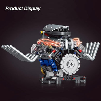 39005 V8 Engine Model Kit, Runnable, Build Your own STEM Visible Mini V8 Engine Model Kit with Lights, Adult and Adolescent Physics Science Experiment Building Block Set (665 Pcs)