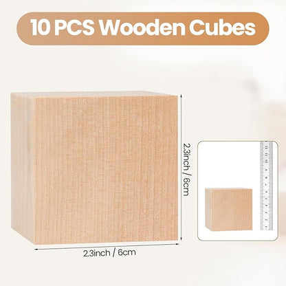 Barydat 10 Pcs 2.36 in Wooden Cubes, Unfinished Wooden Blocks for Crafting Natural Craft Wood Square Blank Cube for DIY Project Baby Showers