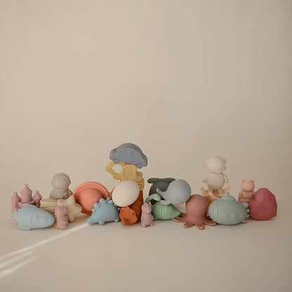 mushie Dino Bath Toys Play Set for Toddlers | 100% Food Grade Silicone | Mold Free, Pack of 5