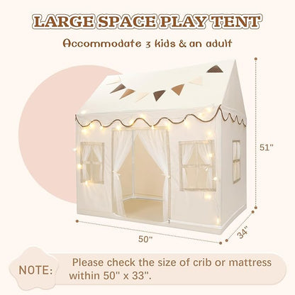 Kids Play Tent, Toddlers Large Playhouse with Star String, Flag, Machine Washable, Indoor and Outdoor Play Tent for Kids, Girls & Boy Aged 3+, 50" x 34" x 51", Cream