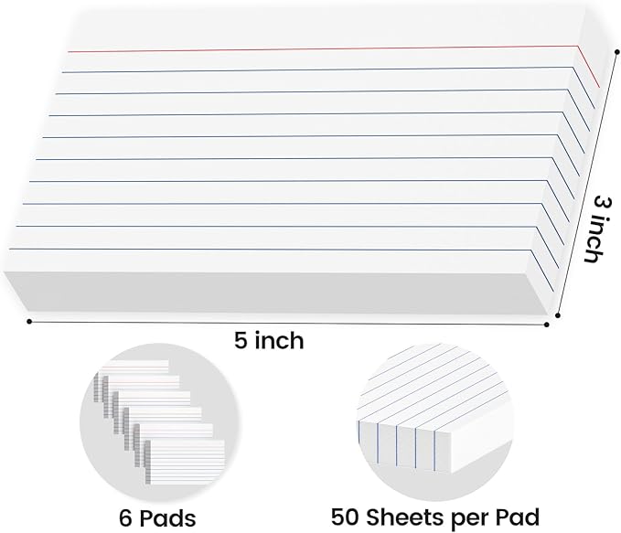 300 Count Index Cards 3x5 Inch - 180gsm Heavyweight Color Flash Card (50 Sheets Each), Durable & Portable Note Taking for Students, Teachers, Study Flashcards for Office Home School