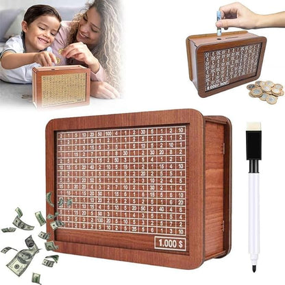 Wooden Coin Bank Money Saving Box, Cash Vault Wooden Savings Box, Wooden Digital Piggy Bank with Counting Target, Money Vault Savings for Boys and Girls (1000 Savings Challenge Box)