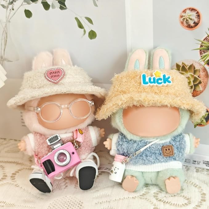 5 Set 17cm Doll Clothes, 17cm Doll Clothing Set, Light Pink Heart-Shaped Velvet hat + Small Camera + Glasses + Canvas Shoes(No Doll Included)
