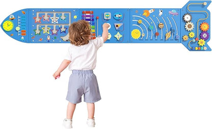 Rocket Activity Wall Busy Board Panels - Sensory Wall Panel for Kids, Montessori Toddler Wall Activity Board, Wall Toys for Toddlers 3, Activity Cube, Wooden Boards, Blue