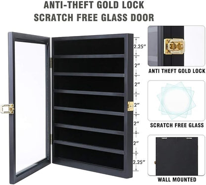Military Challenge Coin Display Case Lockable Wood Cabinet Rack Holder Black Shadow Box with Removable 2 Grooves Shelves and Anti Fade Real Glass Door for Casino Poker Chips Collectibles
