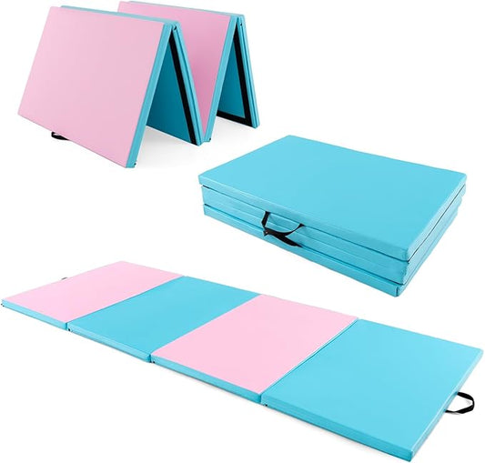 Giantex 4'x10'x 2" Gymnastics Mat, 4-Panel Folding Aerobics Exercise Mat w/Hook & Loop Fastener, Carrying Handle, Portable Tumbling Mat for Stretching Yoga Cheerleading Martial Arts