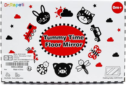 Dr.Rapeti Tummy Time Floor Mirror for Baby Infant Toddler Kids Black and White High Contrast Baby Toy with Crinkle Cloth Book Teethers Floor Activity Toy Washable Non-Toxic