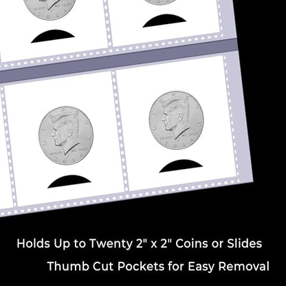 50-Sheets 20-Pocket Thumb-Cut Coin Pages - Coin Pocket Pages for 2 x 2 Inch Cardboard Coin Holders, Collecting Sleeves for Coin Flips, 1000 Pockets for Coin Binder, Coin Collection Storage Supplies